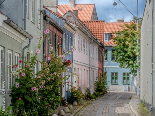 Foto Tiled street with colorful buildings in Helsingor, Denmark