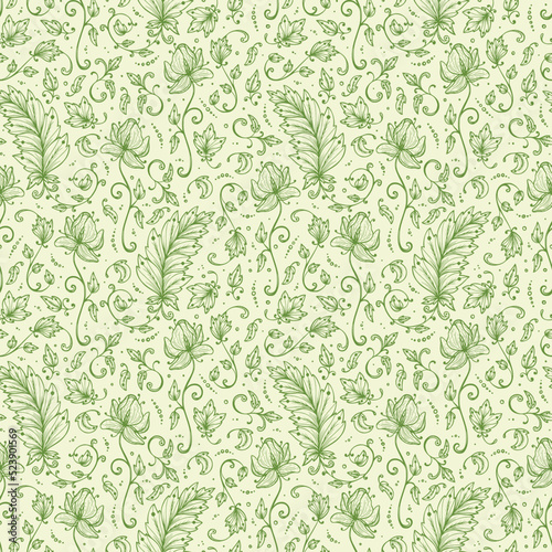 Vintage Vector Floral Seamless pattern. Hand drawn Decorative Leaves with Flower. Ornamental Leaf background