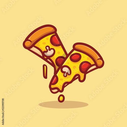 Vector illustration of delicious slice of pepperoni pizza with melted cheese, hand drawn, cartoon