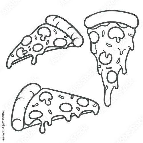 Vector illustration. Pizza slice with melted cheese and pepperoni. Hand drawn doodl