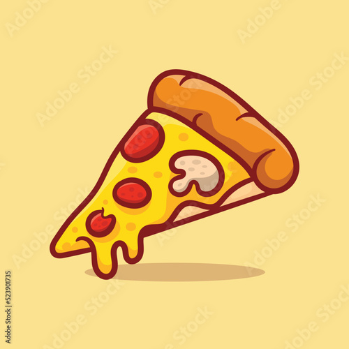 Vector illustration of delicious slice of pepperoni pizza with melted cheese, hand drawn, cartoon