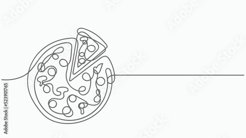 Continuous One Line Pizza and Slice italian fast food cafe. Vector illustration. Pizzeria