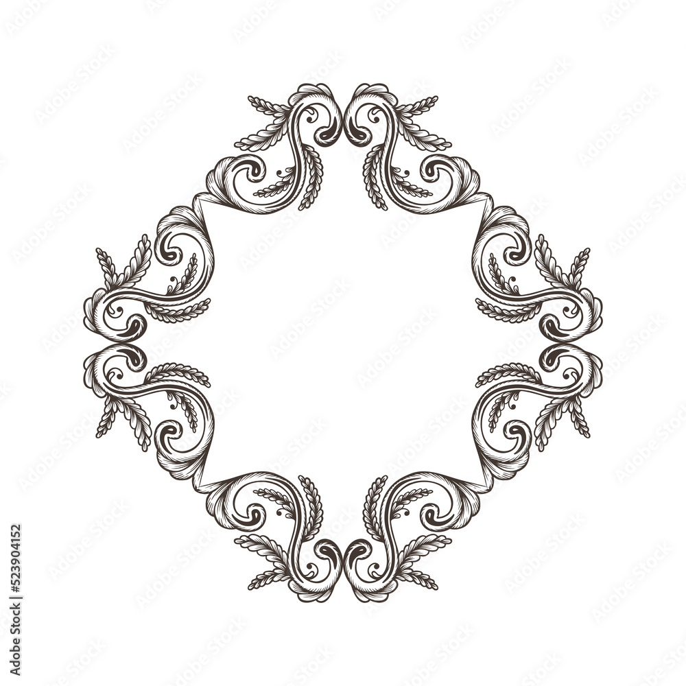 Hand Drawn Vintage damask ornamental elements for design. Baroque square frame scroll ornament. Retro Elegant floral pattern border in antique style.