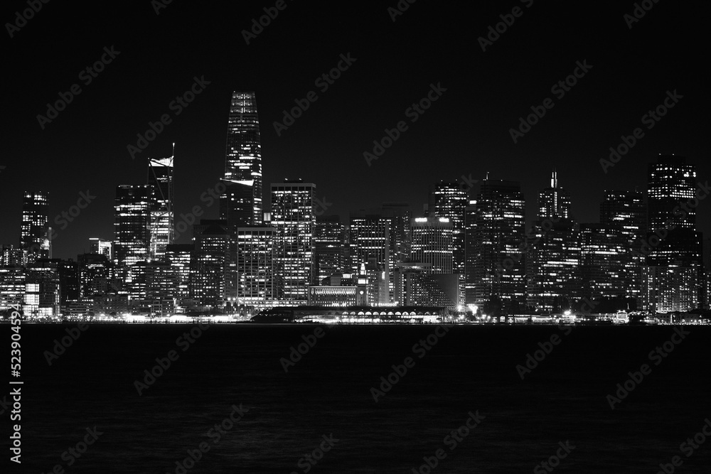 View of San Francisco at night from Treasure Island- greyscale shot