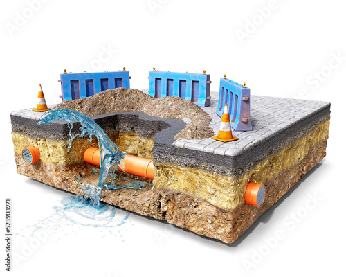 Concept of road works with road barriers and cones, digged hole and soil mound, underground pvc pipes and water breakthrough, water stream beats up and flows down, isolated on a slice of ground,  photo