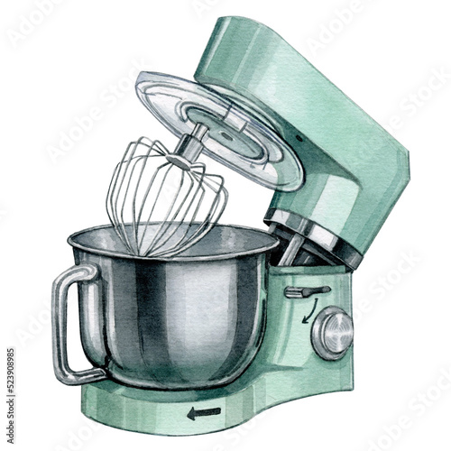 Watercolor stand food mixer, Kitchen turquoise color mixer, Making mixer, Electric vintage style food mixer, Food processor, Kitchen gadget, realistic Illustration isolated on white background