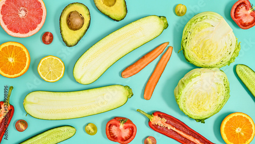 Wallpaper Mural Summer healthy organic fruits and vegetables pattern on pastel blue background. Flat lay. Torontodigital.ca