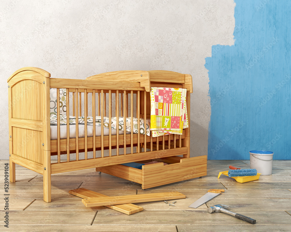 Concept of preparing to a newborn, installing the wooden cradle and painting the walls, 3d illustration Concept of preparing to a newborn, installing the wooden cradle and painting the walls, 3d illustration