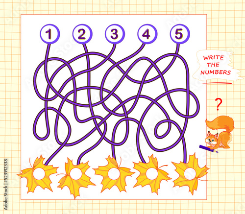 Math education for children. Find the path and write the numbers in circles. Developing counting skills. IQ test. Logic puzzle game with labyrinth. Printable worksheet for kids school textbook.