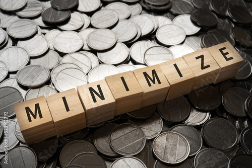 最小化・最小限のイメージ｜「MINIMIZE」と書かれたブロックとコイン 