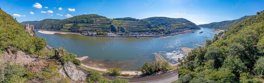 Drone panorama over the Rhine near Assmannshausen with Rheinstein Castle