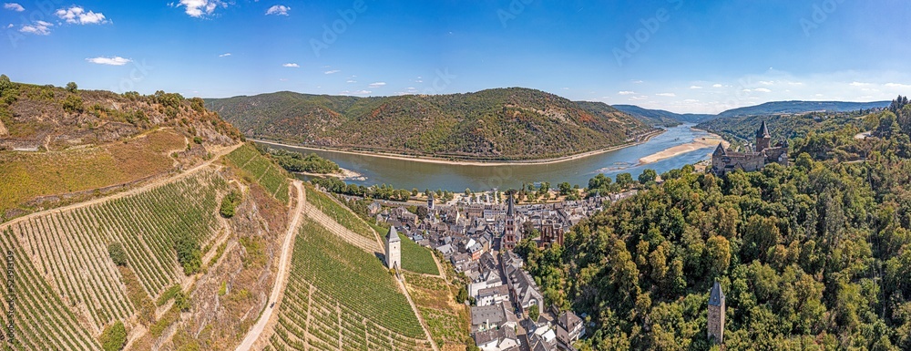 Drone panorama image over the Rhine near Lorch with water low during the day