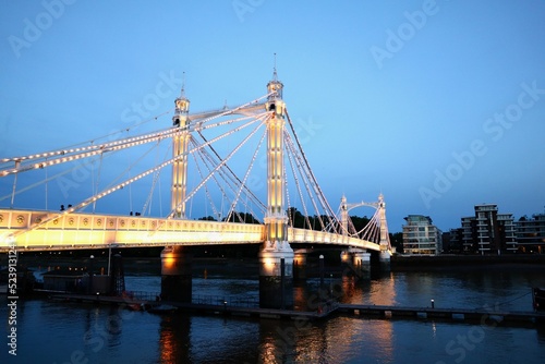 View of the illuminated London Albert Bridge in the evening photo