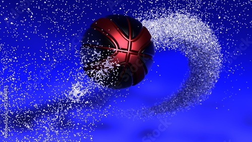 Black-Red Basketball with Diamond Water Particles under Red-Blue Lighting Background. 3D illustration. 3D high quality rendering. 3D CG. © DRN Studio