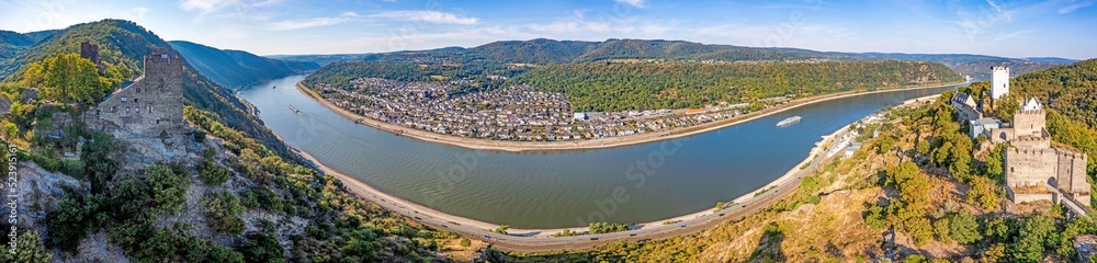 Drone panorama over Bad Salzig am Rhein in the summer of 2022 at record low water levels