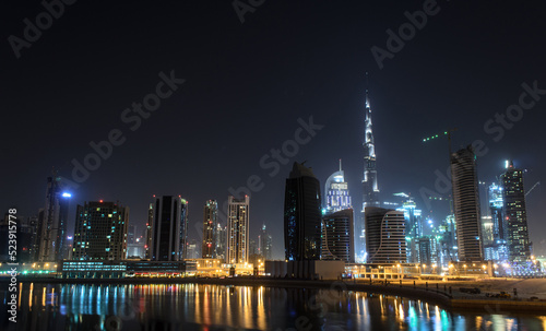 Dubai city skyline at night Burj Khalifa