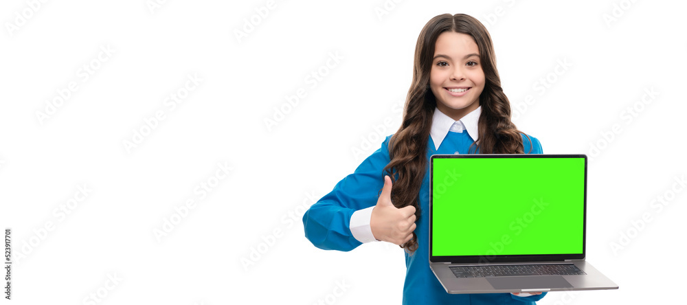 back to school. modern communication. copy space. happy child presenting product. thumb up. School girl portrait with laptop, horizontal poster. Banner header with copy space. back to school. modern communication. copy space. happy child presenting product. thumb up. School girl portrait with laptop, horizontal poster. Banner header with copy space.