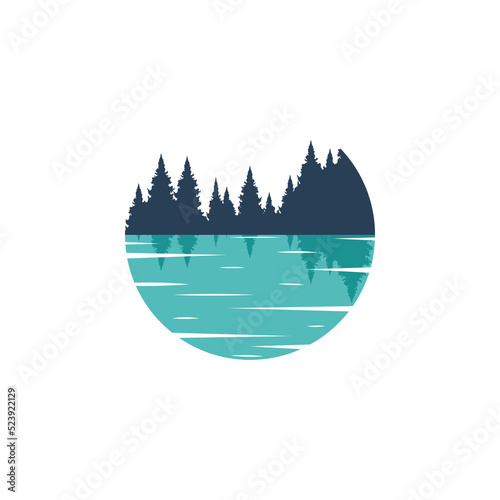 Vector circle Lake logo template. Illustration of a blue, azure lake with the silhouette of a forest. Reflection of the forest in the water.