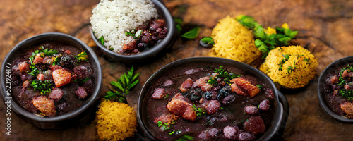 Detail of feijoada with black beans with pepperoni bacon and jerky. Traditional Brazilian food. Concept generated in Ai. photo