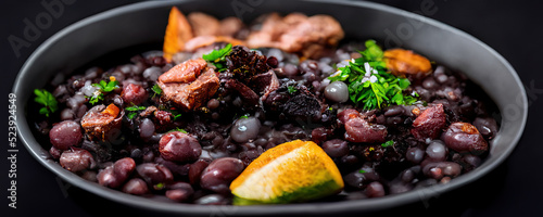Detail of feijoada with black beans with pepperoni bacon and jerky. Traditional Brazilian food. Concept generated in Ai.