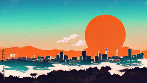 California skyline, Orange lit up city from a sunset