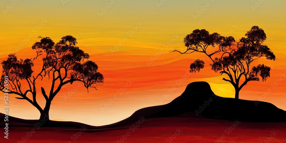 Outback Australia landscape silhouette Down Under, red sandy desert landscape of the australian outback gum trees under an orange, red, yellow sky, Australian Aboriginal Flag colours - obrazy, fototapety, plakaty 