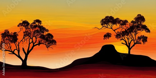 Outback Australia landscape silhouette Down Under, red sandy desert landscape of the australian outback gum trees under an orange, red, yellow sky, Australian Aboriginal Flag colours photo