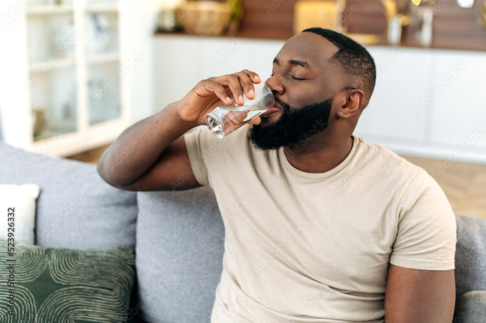 Healthy lifestyle. Positive African American guy, sit on sofa at home