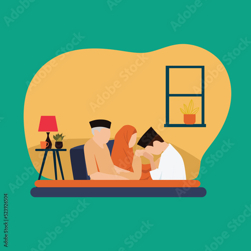 Simple Vector illustration drawing of a portrait of a young man kneeling and kissing his parent's hand asking for forgiveness. Indonesian traditional gesture sungkem. eid Mubarak or Ramadhan.  photo