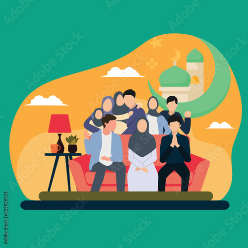 Simple Vector illustration drawing of Muslim big families gathering together to celebrate Eid Al-Fitr happily. Celebrating Eid with family at home concept. Modern design vector illustration