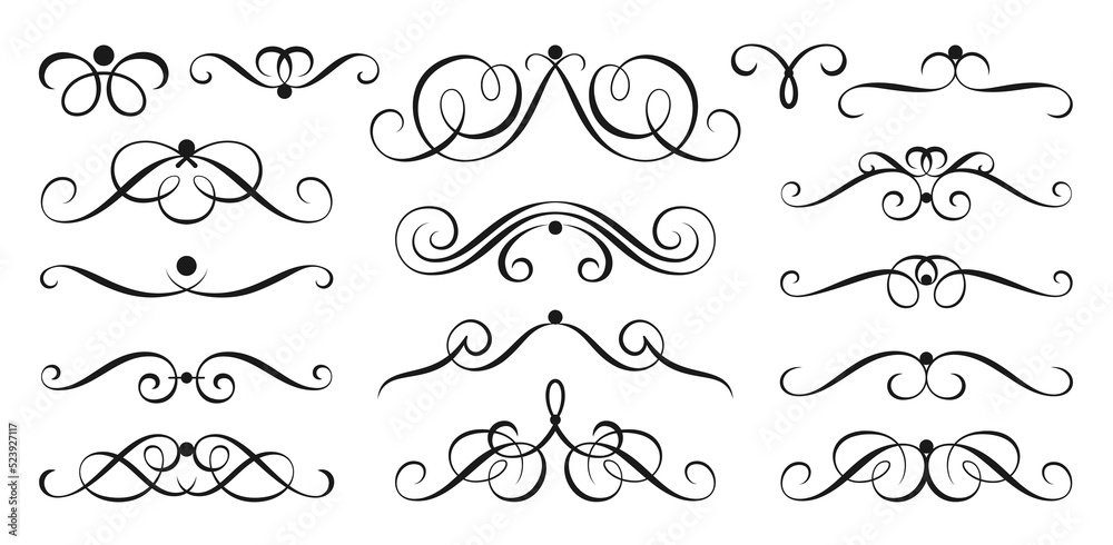 Calligraphic swash design elements. Vintage ornament swirls, abstract line scrolls. Retro flourish label border, page delimiter, text dividers. Victorian vignette ink pen drawn outline pattern frame