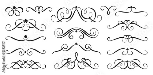 Calligraphic swash design elements. Vintage ornament swirls, abstract line scrolls. Retro flourish label border, page delimiter, text dividers. Victorian vignette ink pen drawn outline pattern frame