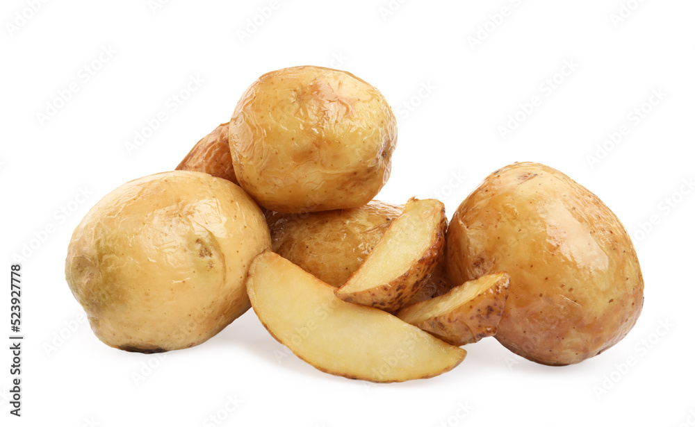 Many tasty baked potatoes on white background Many tasty baked potatoes on white background