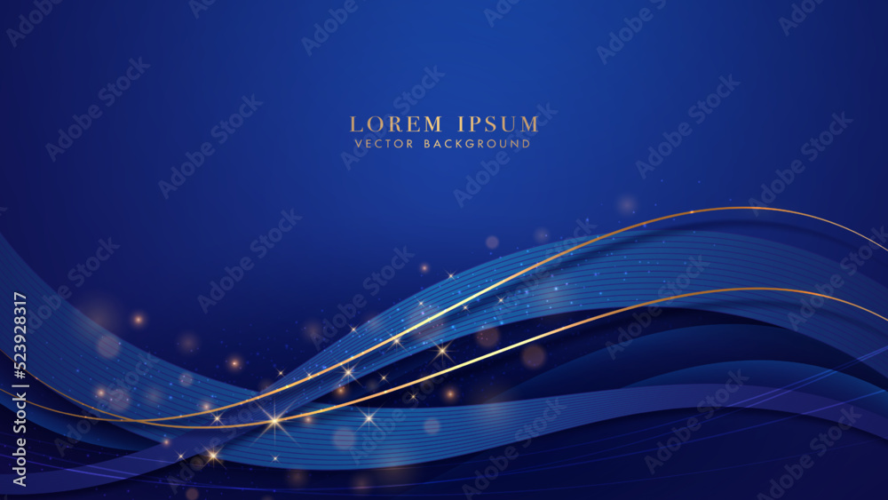 Blue background with golden lines, blue ribbon, glitter light effect and bokeh decoration. Luxury style design template concept