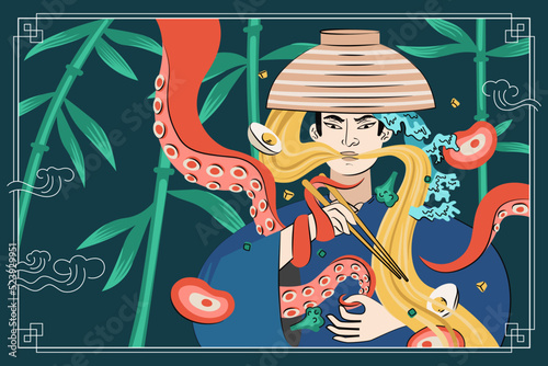 Japanese food ramen drawing poster design. Japan national noodle dish. Squid or octopus tentacles entwined samurai with bowl and chopstick. Asian cafe menu advertising banner or flyer decoration. Eps