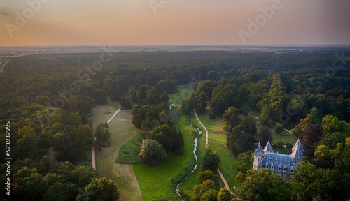 Aerial view of Goluchow Castle in the green forest photo