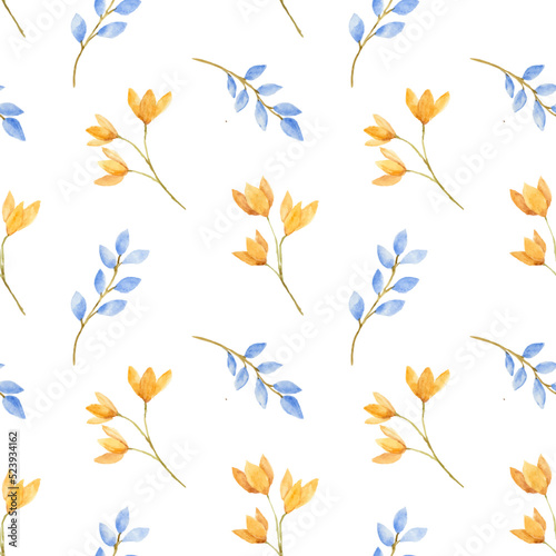 Beautiful watercolor blue and yellow flowers as seamless pattern.