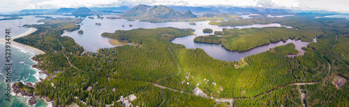 Foto Aerial view over Tofino Pacific Rim national park with a drone from above Cox Bay Vancouver Island Canada