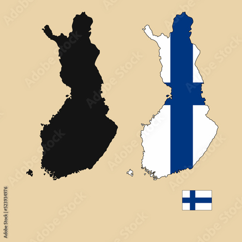 Vector of Finland country outline map with flag set isolated on plain background. Silhouette of country map can be used for template, report, and infographic.