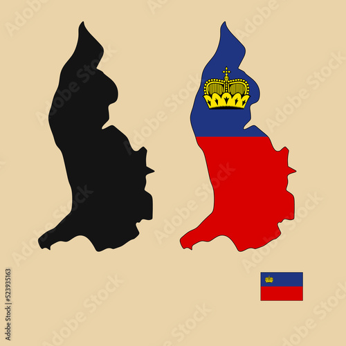 Vector of Liechtenstein country outline map with flag set isolated on plain background. Silhouette of country map can be used for template, report, and infographic.