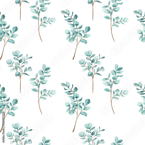 Manual painted of eucalyptus leaves watercolor as seamless pattern.