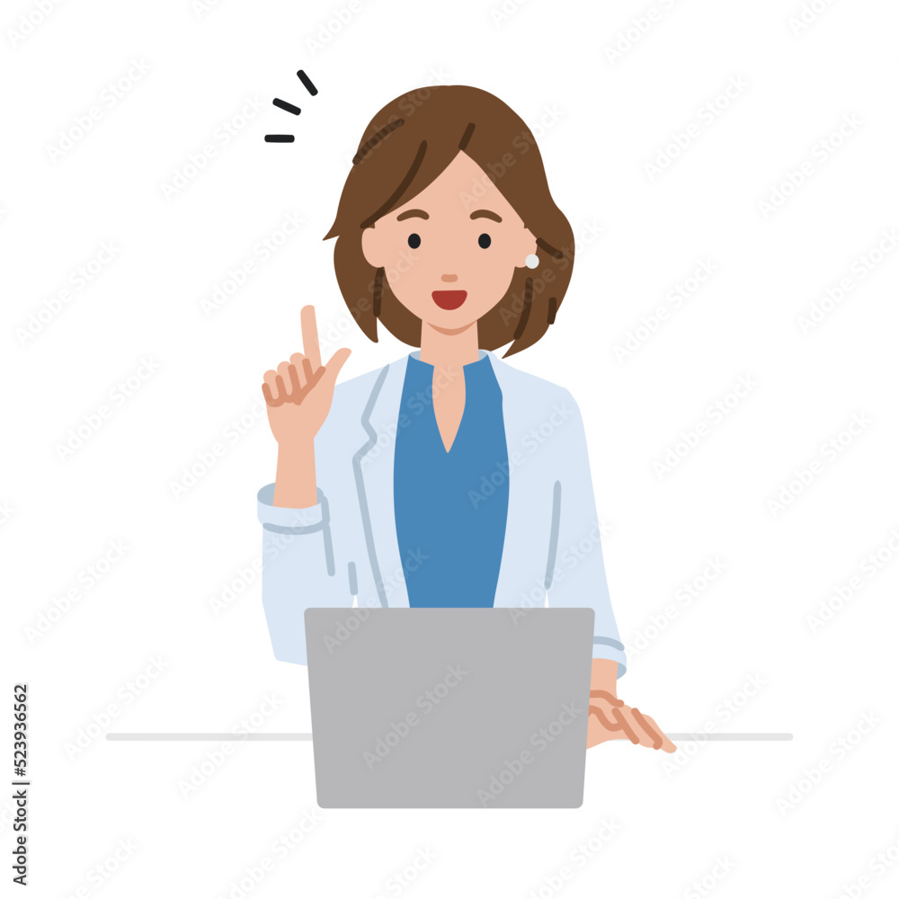 デスクで座ってPCを開いて何かひらめいたジャケットの女性 デスクで座ってPCを開いて何かひらめいたジャケットの女性