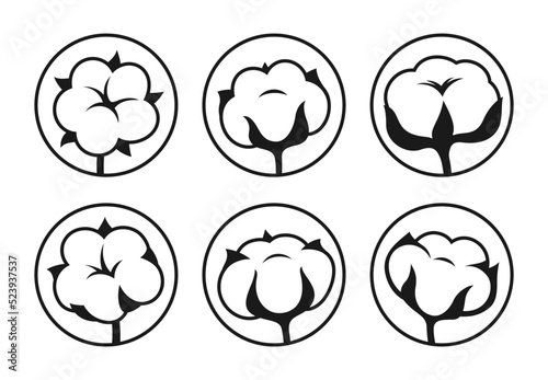 Cotton flower simple sign or stencil stamp set. Natural blossom fluffy fiber symbol. Botanical icon herb, rustic trendy greenery. Engraved ripe cotton boll fiber emblem monochrome isolated vector