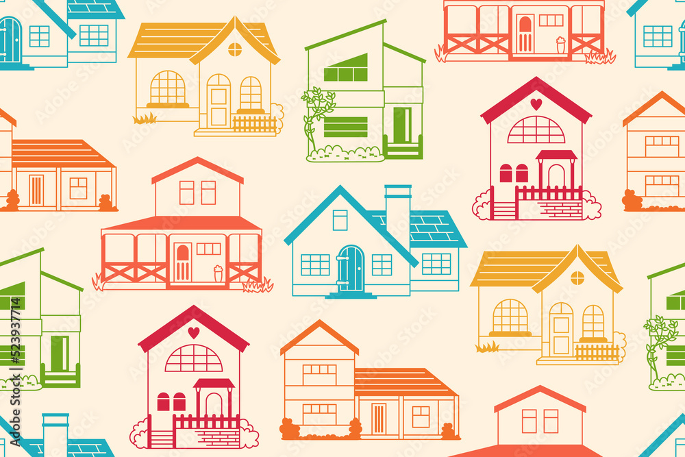 House front flat colorful seamless pattern. Boundless ornament various facade village or urban small houses. Modern vintage cozy buildings wallpaper repeat design. Residential cottage villa background