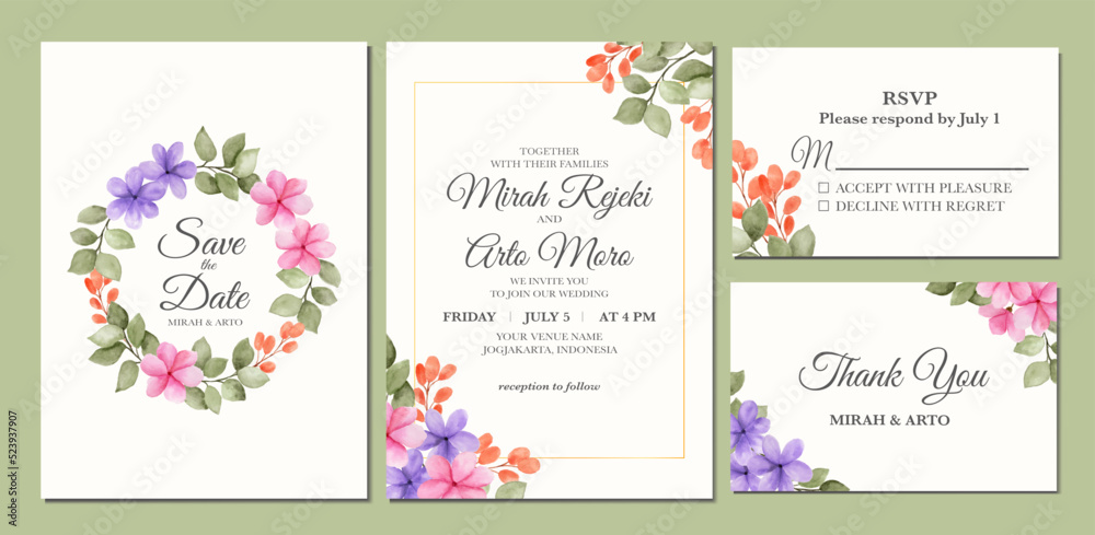 Manual painted of flower watercolor as wedding invitation.