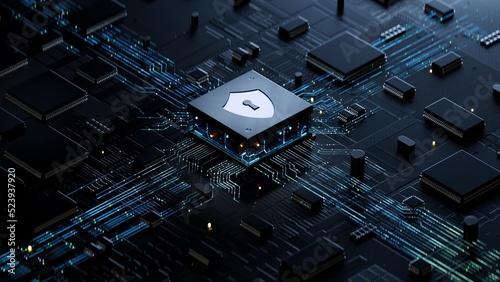 circuit board and shield icon,Hardware security, computer data protection and electronic technology concept,