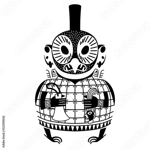 Ancient Peruvian vessel in a shape of owl. Native American art of Mochica Indians. Moche pottery. Totem bird holding human head and an axe. Black and white silhouette.