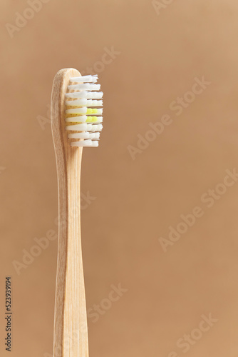 Ecological bamboo toothbrush. Concepts  sustainable lifestyle  use of compostable and environmentally friendly materials  zero plastics. Studio shot with copy space.