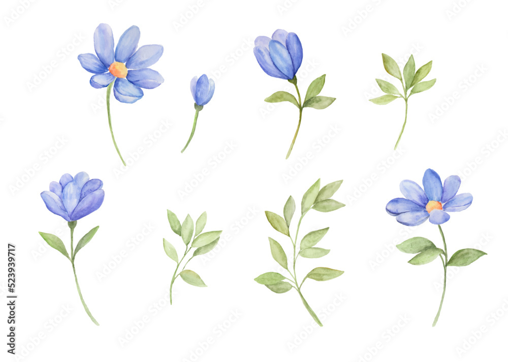 Isolated watercolor blue flower clipart collection. Stock Vector