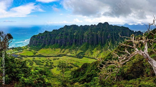 View of the valley and Mountain Range at Kualoa Ranch in Oahu, Hawaii where Jurassic Park was filmed photo